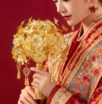 Golden Bouquet Scepter Wedding Round Fan Bride Heavy-Duty Finished Fan Premium Xiuhe Wedding Fan DIY