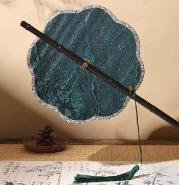 Rollable and Foldable Waist Fan, Ink Wash Landscape Round Fan with Long Handle, Ancient Style for Women in Hanfu/Qipao/Dance, Rotating Fan