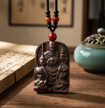 Aged Jujube Wood Zhao Gongming God of Wealth Pendant - Hand-Carved Daoist Five Roads of Wealth Amulet