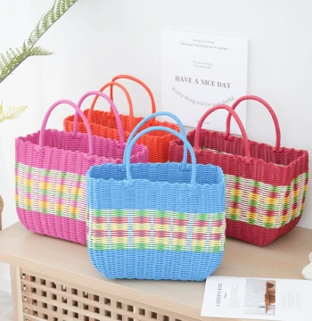Handheld Plastic Vegetable Basket, Woven Storage Bin, Shower Basket, Harvest Shopping Basket, Picnic Basket with Rattan-Style Design