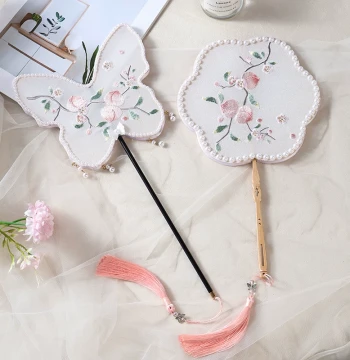 Chinese Ancient Style Tassel Round Fan Embroidered Classical Hanfu Handmade Butterfly Peach Fan for Adults and Children Dance