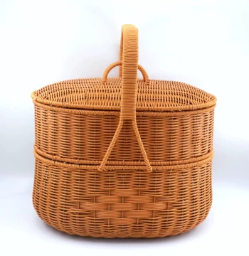 New Large Double-Layer Wicker Basket with Handle - Handwoven for Outdoor Festivals, Qingming Tomb Sweeping, Picnics, and Worship Ceremonies