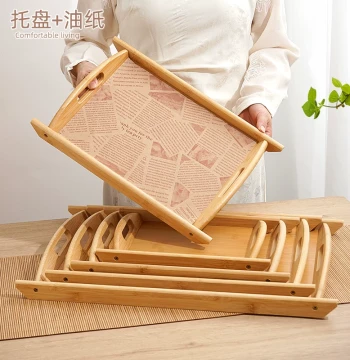 Bamboo and Wood Rectangular Serving Tray with Dual Handles for Dipping Sauces, Smoked Meats, Braised Dishes, Appetizers, and Tea