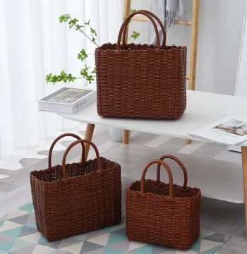 Handheld Vegetable Basket Bag Grocery Basket Imitation Rattan Woven Shopping Basket Viral Picnic Basket Bath Basket Bathroom Snack Storage