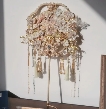 Round Fan Bridal Wedding DIY Material Kit - Finished Heavy-Duty Chinese Style Wedding Fan with Premium Feel for Xiuhe Attire
