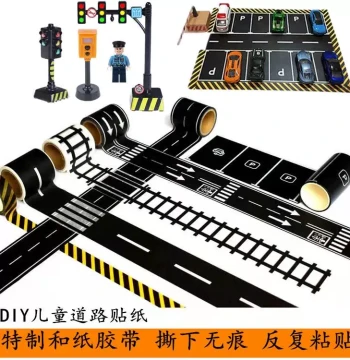 QAT Children's Handmade Traffic Scene Tape, Traceless Runway Car Toy Parking Lot Sticker Set for Ages 3-6