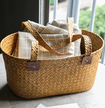 Kens Shopping Basket Woven Artistic Style Grocery Basket Oval Large Vegetable Basket Fruit Basket Pet Carrier Picnic Basket