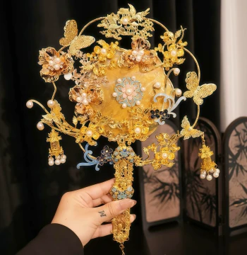 New DIY Heavy-Duty Bridal Round Fan Material Kit, High-End Handmade Bouquet Xiuhe Wedding Fan in Gold