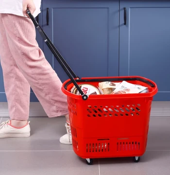 Supermarket Pull Rod Wheeled Plastic Shopping Basket Vegetable Handheld Basket Convenience Store Snack Shopping Cart Thickened Supermarket Basket