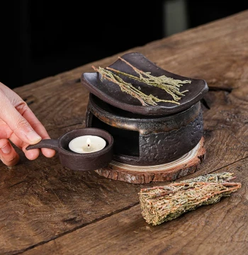 Coarse Pottery Handmade Japanese Style Roasting Furnace: Ceramic Incense Burner, Cedar Aromatherapy Stove, Tea Roasting Stove, Desktop Candle Tea Warmer, Old-Style Design