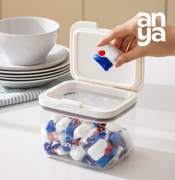 Anya Dishwasher Tablet Storage Box - Moisture-Proof Sealed Dry Dispenser for Dishwasher Powder and Pods, Push-Button Design