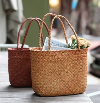 Japanese-Style Woven Straw Handbag – Minimalist Artistic Basket for Dried Flowers, Picnics, or Grocery Shopping