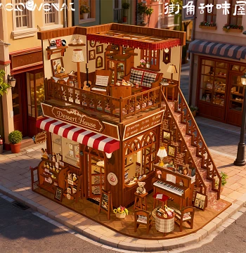 Street Corner Sweet House DIY Miniature Kit: Handmade Wooden Block Puzzle Dessert Shop Bookend Model - Creative Art Gift
