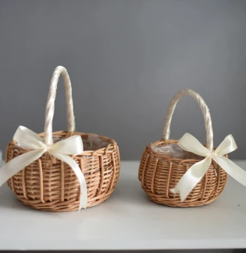 Wedding Flower Girl Basket, Woven Flower Pot, Grass-Woven Handheld Bamboo Basket for Wedding Photography and Floral Arrangements