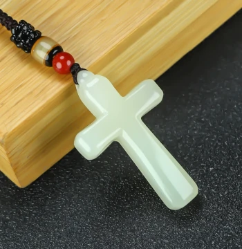 Xinjiang Hetian White Jade Cross Pendant Jade Peace Amulet Greenish-White Jade Necklace Pendant Keychain