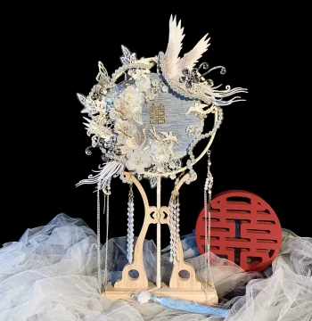 Silver-Blue Bride Wedding Round Fan, Traditional Chinese Wedding Ancient Style Handmade DIY Material Kit Finished Double-Sided Xiuhe Wedding Fan
