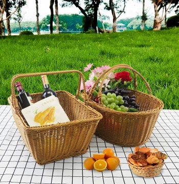 Faux Wicker Picnic Basket - Large Square Outdoor Vegetable and Fruit Carrier with Handle for Storage
