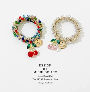 Korean Rhinestone Colorful Crystal Bracelet Dual-Use Hair Tie Head Rope Best Friend Hair Band Cherry Elastic Ponytail Holder Women's Hair Accessory