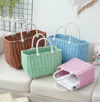 Rattan-Weave Style Handheld Vegetable Basket, Plastic Shopping Basket, Trendy Picnic Snack Storage Basket, Bath Basket