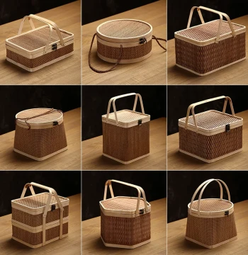 Handmade Bamboo Woven Basket with Handle - Round Top Square Bottom Design for Mooncakes, Zongzi, Fruits, New Year Gifts, and Tea Packaging