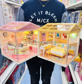 DIY Big City Small Town Cozy Bedroom Mini Kitchen Milk Tea Shop Scene Dollhouse Assembly Model Building Block Toy