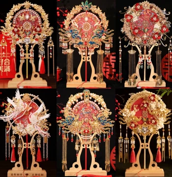 Round Fan Bridal Wedding Fan DIY Material Kit - Double-Sided Two-Color Handmade Xiuhe Wedding Fan, Finished Product for Wedding Gifts and Departure