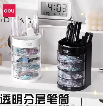 Plastic Pencil Holder Three-Layer Transparent Desktop Storage