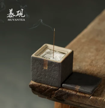 Muyan Japanese Wabi-Sabi Style Incense Burner and Holder, Moss Rock Rough Pottery Incense Stick Insert, Zen Square Box Aromatherapy Burner for Agarwood and White Sandalwood
