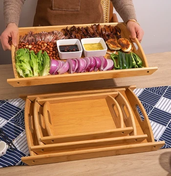 Bamboo and Wood Rectangular Serving Tray - Hotel BBQ Greaseproof Paper Liner - Household and Commercial Double-Handled Plates in Various Sizes