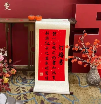 Engagement Letter Scroll, Green Mountains for Ten Thousand Li Wedding Banquet Table Setup, Marriage Ornament, Imitation Handwritten Calligraphy Hanging Scroll