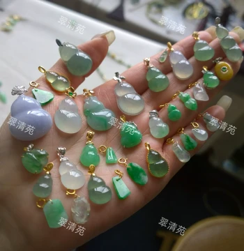 Cuiqingyuan Natural Grade A Jadeite Burmese Jade Gourd Pendant with Small Dangle and 18K Gold Clasp
