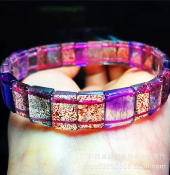 Natural Super Seven Gold Strawberry Quartz Bracelet, Natural Purple Rutilated Quartz Bracelet, Unisex Gold Strawberry Quartz Bracelet, Wholesale