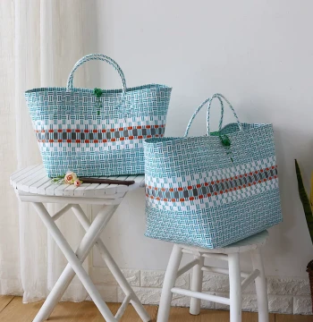 Vietnamese Imported Shopping Basket - Large Woven-Style Picnic Tote, Plastic Handbag, Hanging Storage Basket
