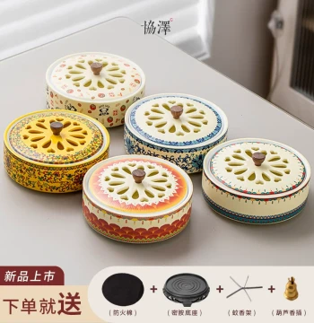 Household Indoor Large Ceramic Mosquito Coil Burner, Premium Agarwood and Sandalwood Incense Coil Aromatherapy Censer, Chinese Style Covered Ornament