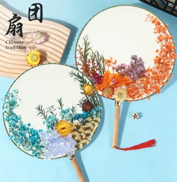 Preserved Flower Round Fan DIY Material Kit: Handmade Dried Flower Fan, Ancient Style Palace Fan, Mother's Day Gift, Corporate Team Building