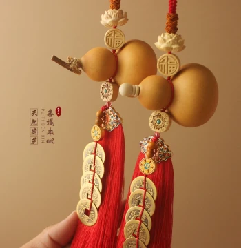 Brass Five Emperor Coins Door-to-Door Gourd Pendant, Natural Open Mouth, Main Gate Living Room Bedroom Red Tassel Fu Character Ornament