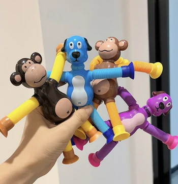 Suction Cup Puppy Transformable Monkey Light-Up Cartoon Telescopic Parent-Child Interactive Pull-Tube Stress Relief Toy Stretchy Quirky Gadget