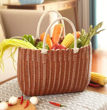 Vegetable Basket Woven Shopping Basket Rattan Weaving Grocery Shopping Props Outdoor Picnic Supplies Full Set Internet Famous Handheld Ins Style