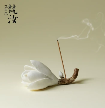 Fanru Intangible Cultural Heritage Magnolia Ceramic Incense Holder, Stick Incense Insert, Chinese Zen Style Pen Rest Ornament, Agarwood Incense Burner