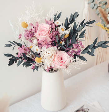 Preserved Rose and Eucalyptus Dried Flower Bouquet, Internet-Famous Ornament, Real Flowers with Baby's Breath, Hydrangea, Crystal Grass for Home Decor