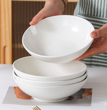 Pure White Deep Dinner Plates, Household Ceramic High-Foot Round Serving Dishes for Kitchen Meals
