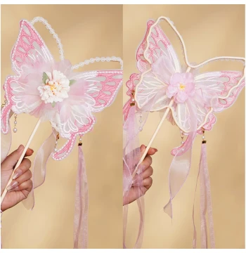 Chinese Style Butterfly Embroidered Round Fan Ancient Style Handheld Fan Hanfu Photography Prop Feather Long Ribbon Flower Dance Fan