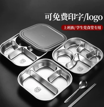 304 Food-Grade Stainless Steel Compartmentalized Dinner Plate with Lid, Three-Section Meal Box for Adults, Employees, and Students