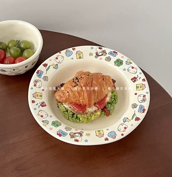 Miss Tang Korean Instagram-Style Plate Home Cute KT Round Dish Fruit Salad Straw Hat Plate Ceramic Tableware
