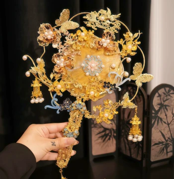Fengyinting Heavywork Wedding Round Fan Bridal Marriage Material Kit Premium Handheld Bouquet Handmade Xiuhe Joyful Fan in Gold