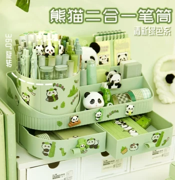 Panda Pen Holder Green Large Capacity Desktop Organizer for Students