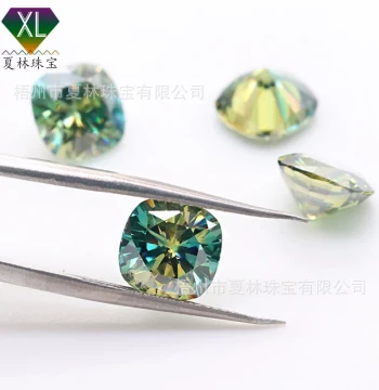 2023 New Green Fat Square Moissanite, Tender Green 1-3 Carat Cushion Cut Moissanite Passes Diamond Tester