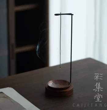Caijitang Inverted Incense Holder, Creative and Practical Pure Brass Stick Incense Stand, Zen Indoor Solid Wood Incense Burner Base