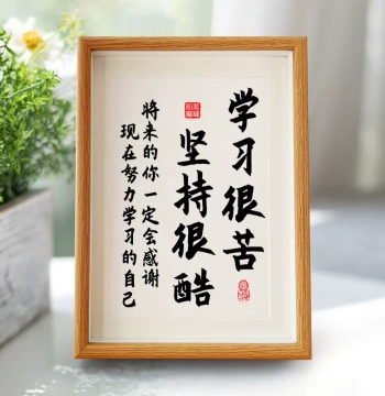 'Learning is Hard, Persistence is Cool' Ornament, Student Photo Frame Stand for Encouragement, Calligraphy Self-Discipline Decorative Wall Art