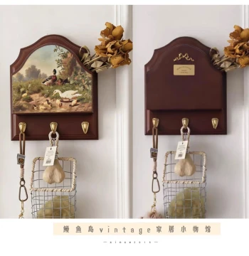 Original French Vintage Solid Wood Storage Box with Entryway Key Hooks, Niche Wall Decor for Cabinet Ambiance